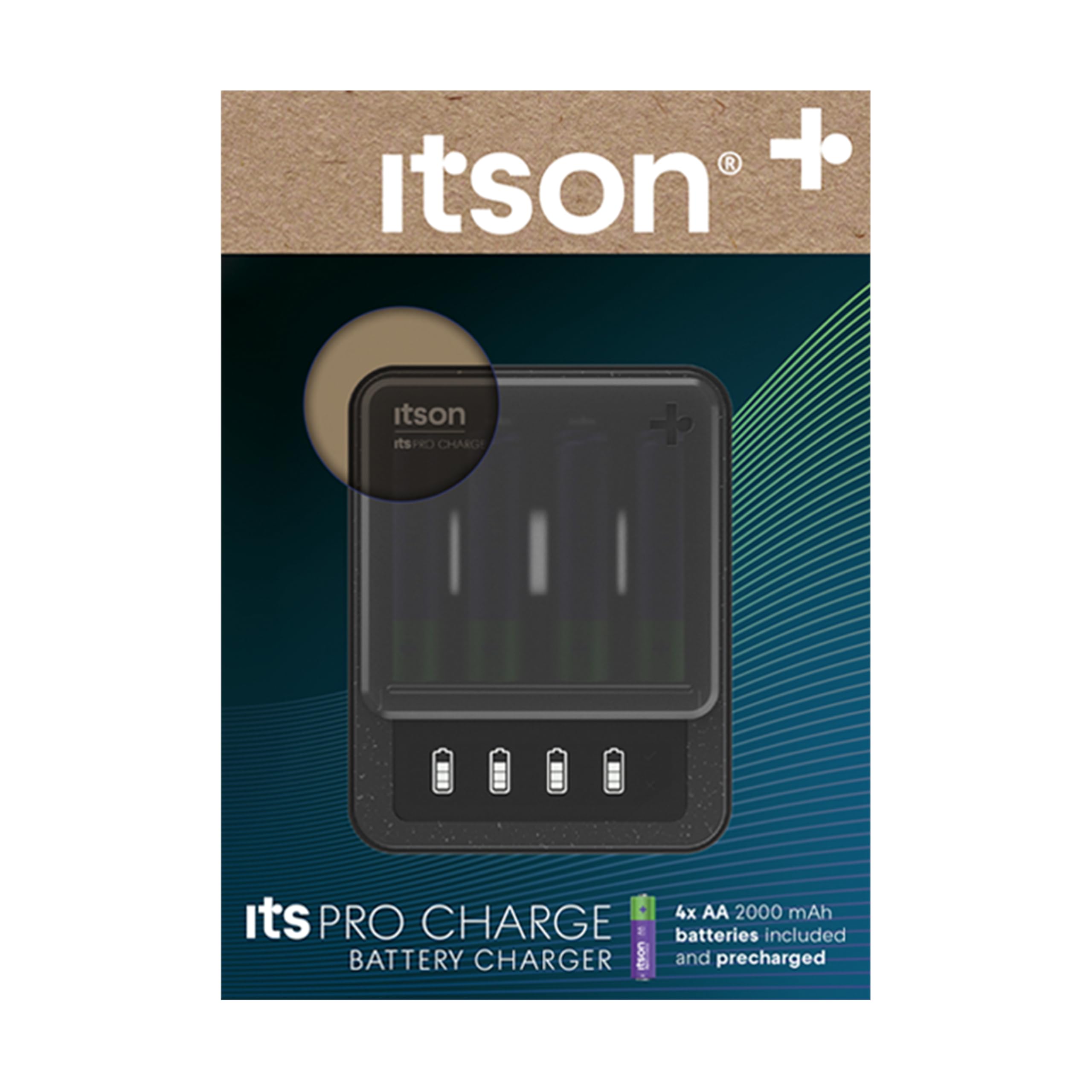 itson, itsPRO Charge Cargador de Pilas Ni-MH de USB-C a USB-C, 4 Pilas AA (2000 mAh) Incluidas, Tiempo de Carga 4:45 h, Pantalla LCD, detección de celda alcalina/defectuosa, Modo de Ahorro de energía