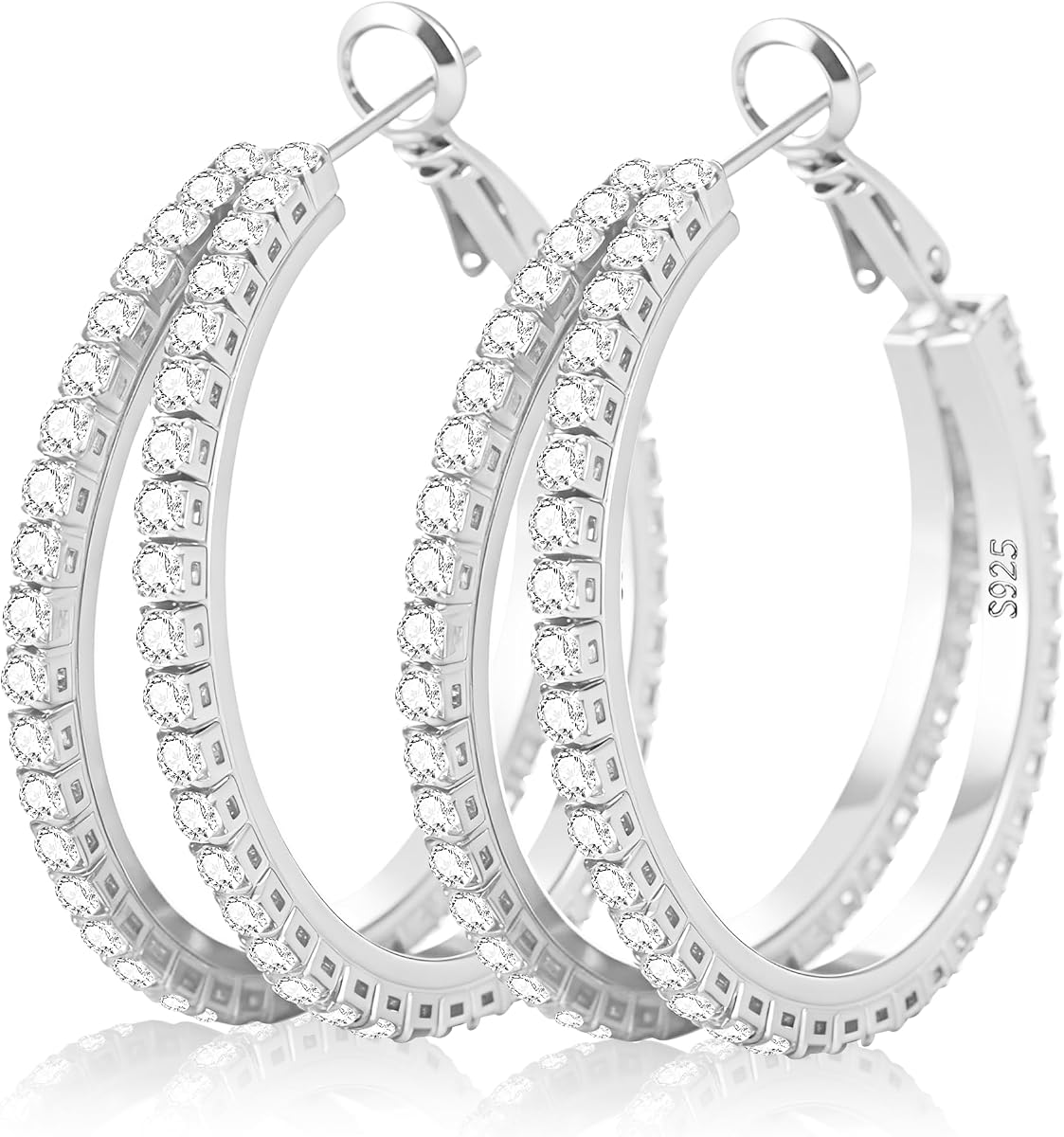 Double Sterling Silver Hoop Earrings for Women with Cubic Zirconia
