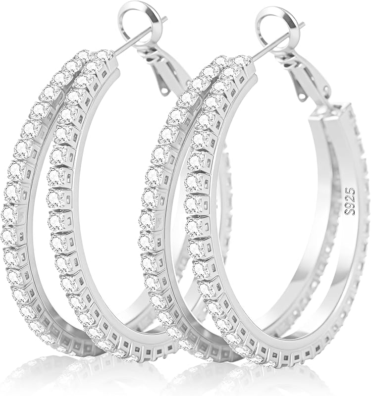 Double Sterling Silver Hoop Earrings for Women with Cubic Zirconia
