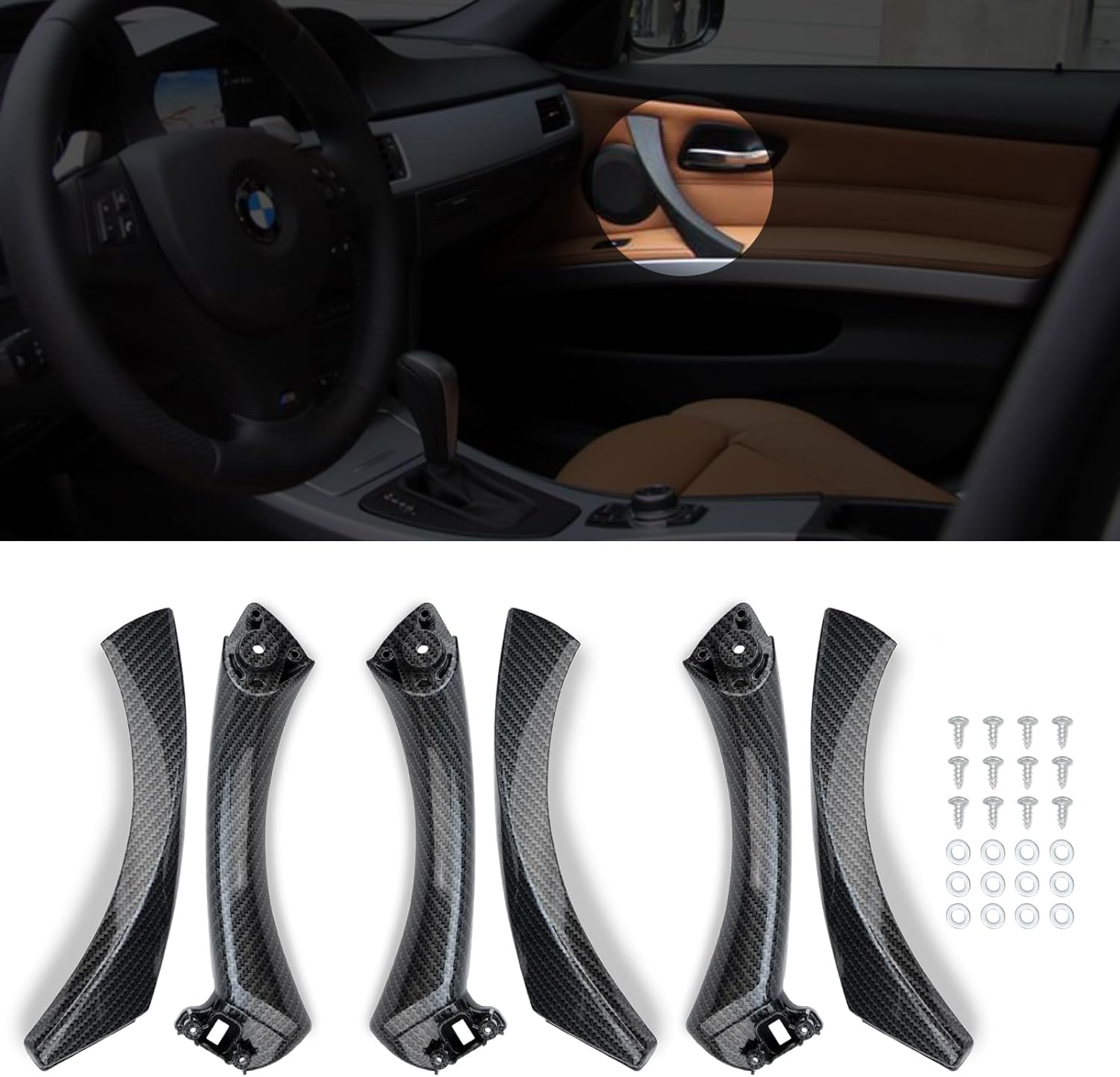 Qagea Carbon Fiber Interior Door Handle, 6Pcs Inner Door Pull Handles Fits for 2004-2011 BMW 3 Series E90/E91/E92/E93 318i 320i 323i 325i 328i 330i 335i