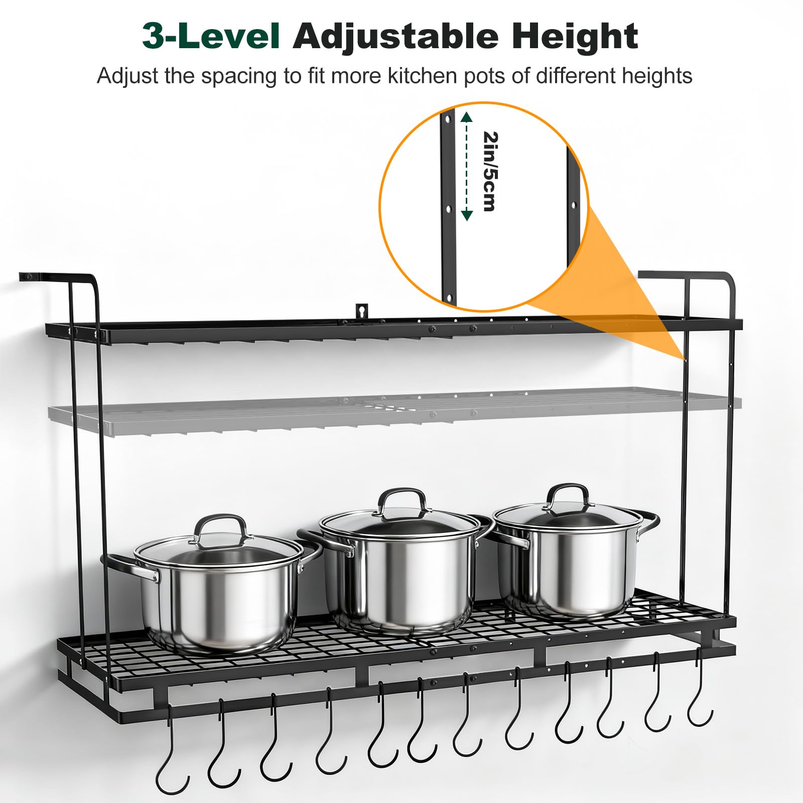 Housolution Rangement Casserole Mural, Longueur Extensible de 57 à 77 cm, Hauteur Réglable sur 3 Niveaux, Robuste Range Poele Porte Couvercle avec 12 Crochets Verticaux et 8 Porte-Couvercles