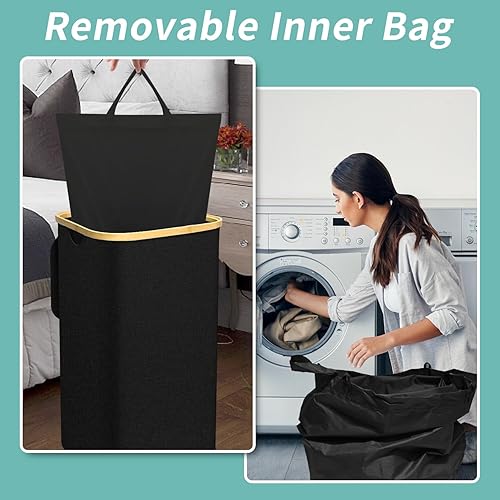Miniatura 3 de Cesta de lavandería con ruedas  Cesta grande para la ropa sucia con bolsa extraíble, cesta plegable para ropa sucia con asas, cesta de bambú Oxford
