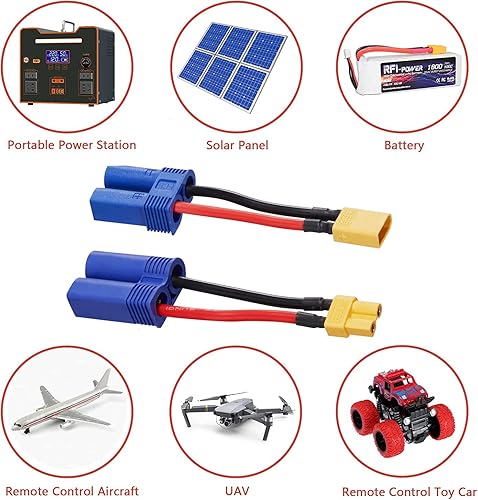 Miniatura 8 de 4 adaptadores XT60 a EC5 macho hembra, XT60 a macho hembra EC5 adaptador con cables 14AWG de 1.969 in para conectores de batería RC LiPo (paquete de