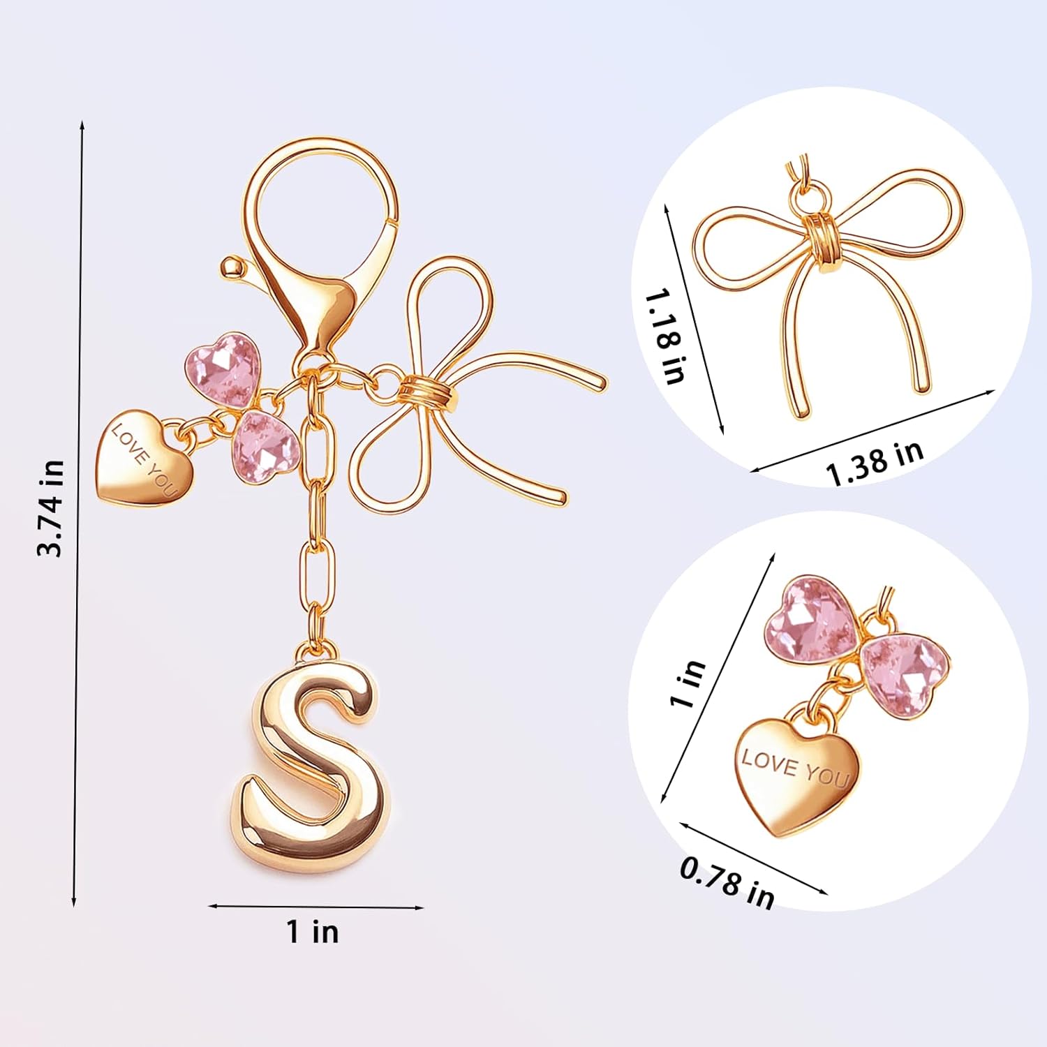 Gold Bubble Initial Keychain with Bow Decoration Bag Charms for Women, Cute Purse Handbag Accessories Gift - Image 2