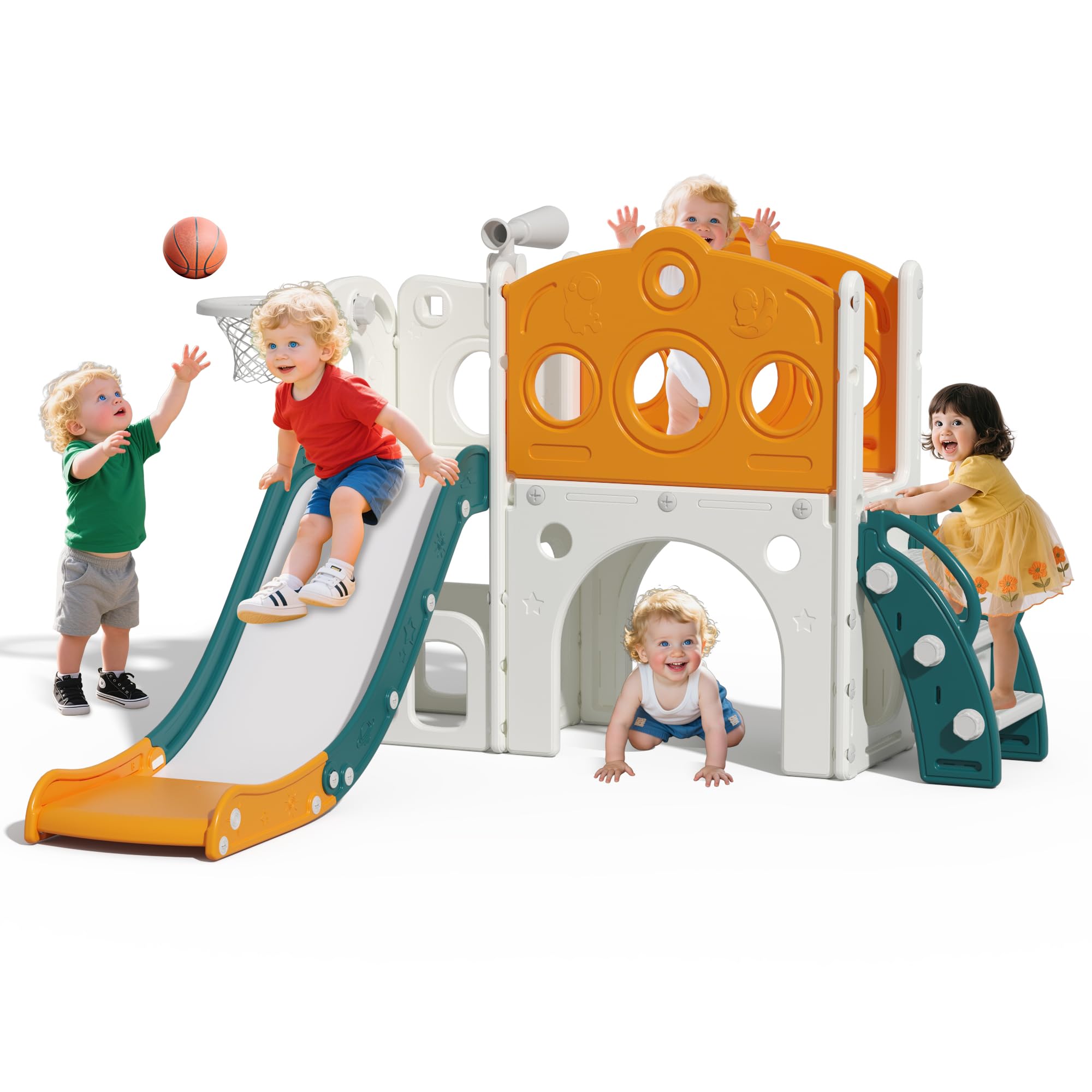 Hominewti Tobogán Infantil 8 en 1 con aro de Baloncesto, Telescopio y Trepador, Tobogán para Bebés, Parque Infantil para Interior y Exterior, Verde