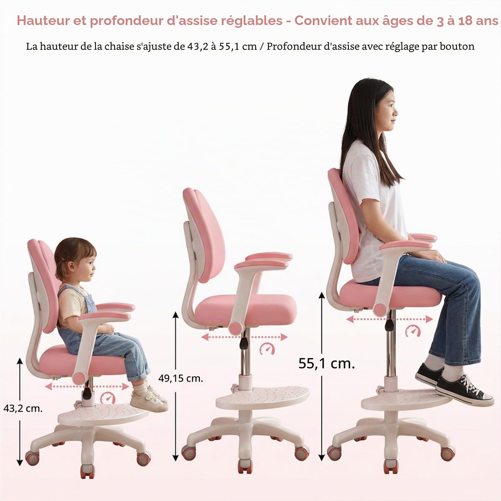 Chaise de bureau améliorée pour enfants, chaise d'ordinateur réglable pour enfants, chaise d'étude réglable en hauteur avec roues à 360 degrés, siège ergonomique pour enfants, double soutien dorsal