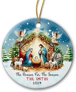 Jesus The Reason for The Season Ceramic Ornament Xmas 2025, Personalized Nativity Scene Christmas Ornament with Name, Custom Christian Ornament Gifts for Family Friends, Catholic Religious Ornaments