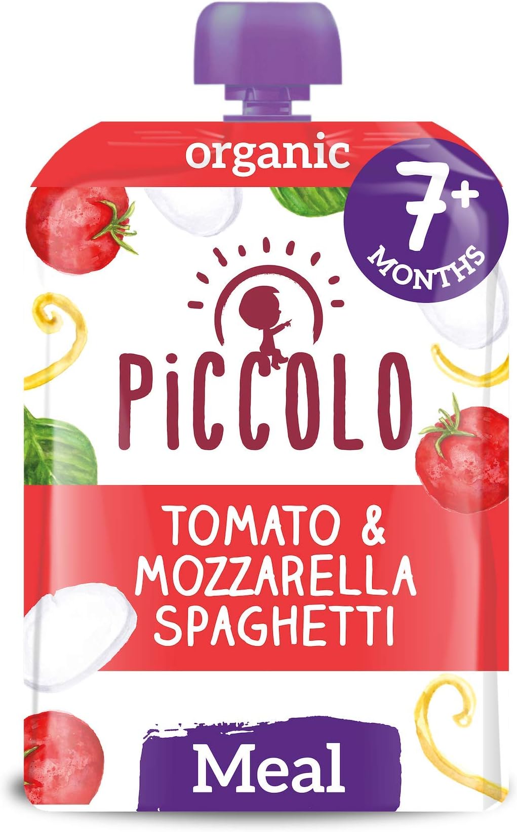 Piccolo Organic – 7 Months+ - Tomato & Mozzarella Spaghetti Textured Meal Puree - Pack of 7 x 130g – Stage 2 - Vegetarian