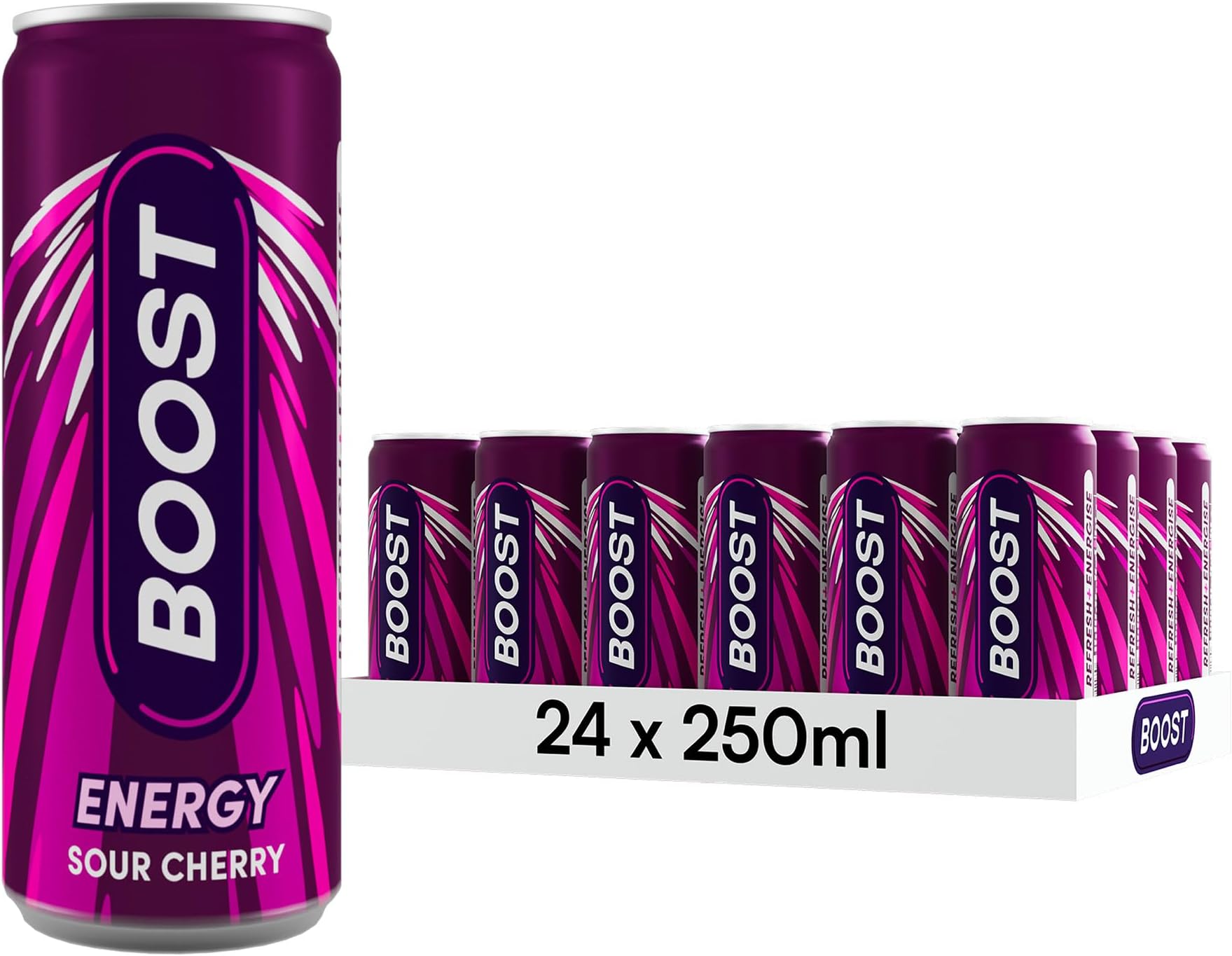 Energy Drink Cherry Flavour - 24 Pack Drinks with Caffeine, Taurine and Vitamin B Carbonated Energy Drinks Gluten Free Vegan Low Calorie Fizzy Drinks Multipack 24x250ml