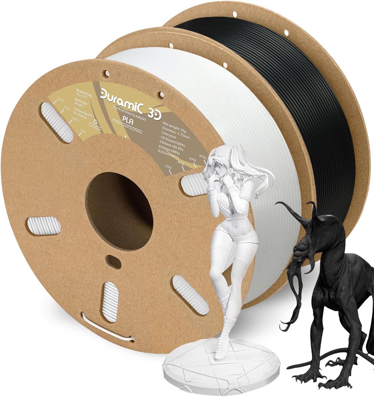 DURAMIC 3D PLA Filament 1.75mm Black White 2 Pack, Jam-Free High Stifness 3D Printing Filament with Cardboard Spool, No-Tangling No-Clogging Dimensional Accuracy 99% +/- 0.03 mm 2*1kg Pla Black+white