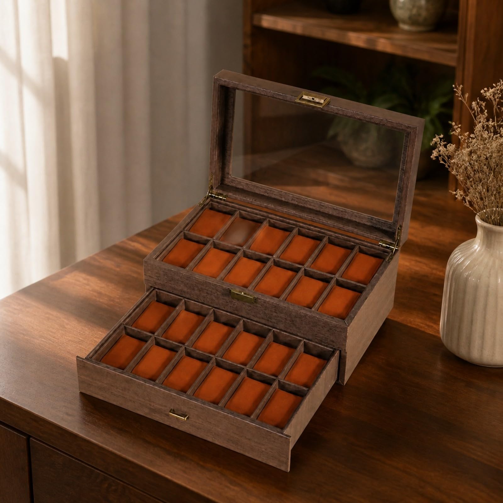 Milageto Estuche para Relojes con Cajón | Elegante, Práctico, Organizador Relojes con Ranuras, para Dormitorio, Coleccionistas, Hombres