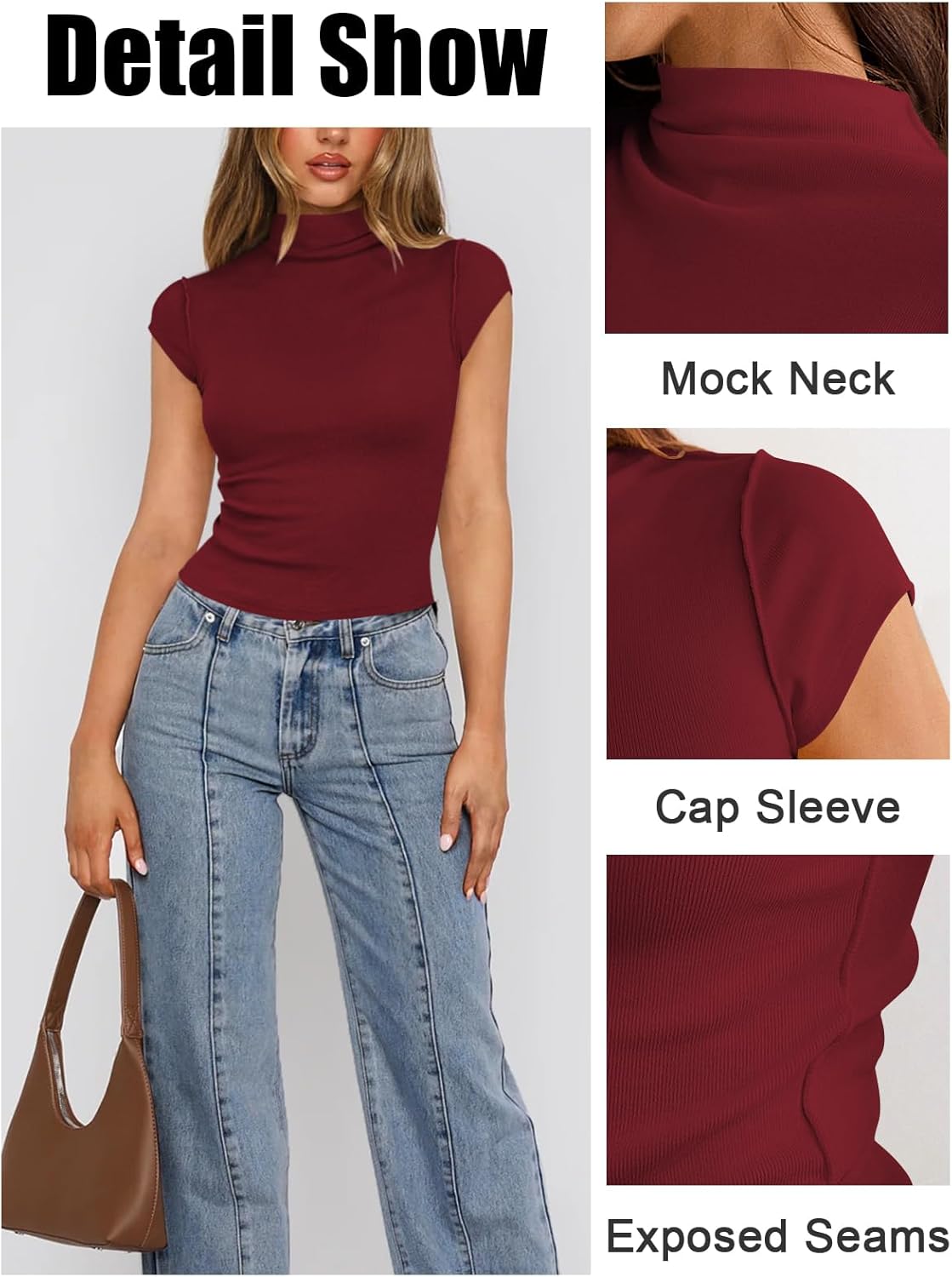 Womens Cap Sleeve T Shirts Mock Neck Tops for Women Y2k Knit Slim Fit Tee Casual Basic Crop Going Out Top - Image 4