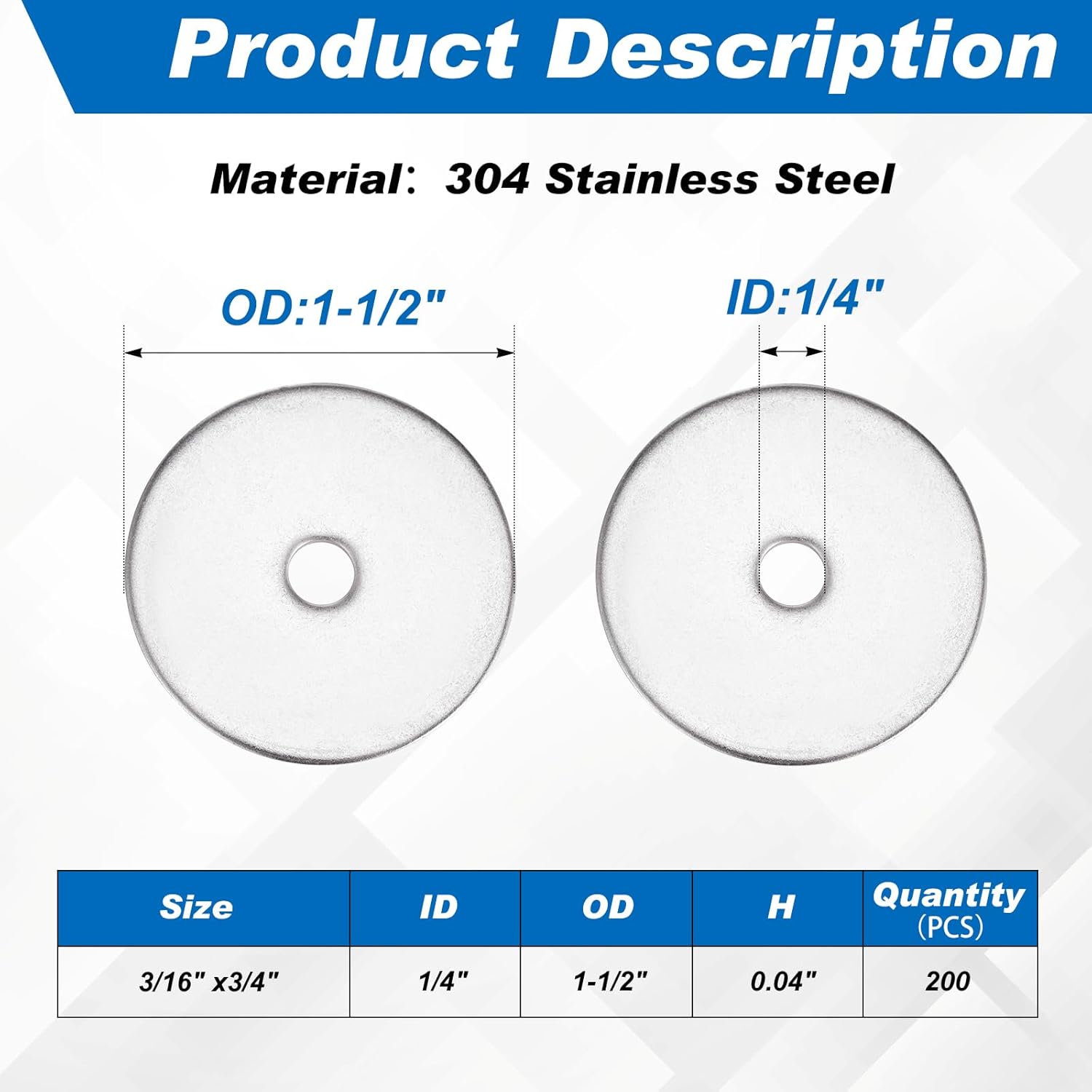 Hotop 100 Pieces Stainless Steel Fender Washers 18-8 Stainless Steel Flat Washer (1/4" X 1-1/2")
