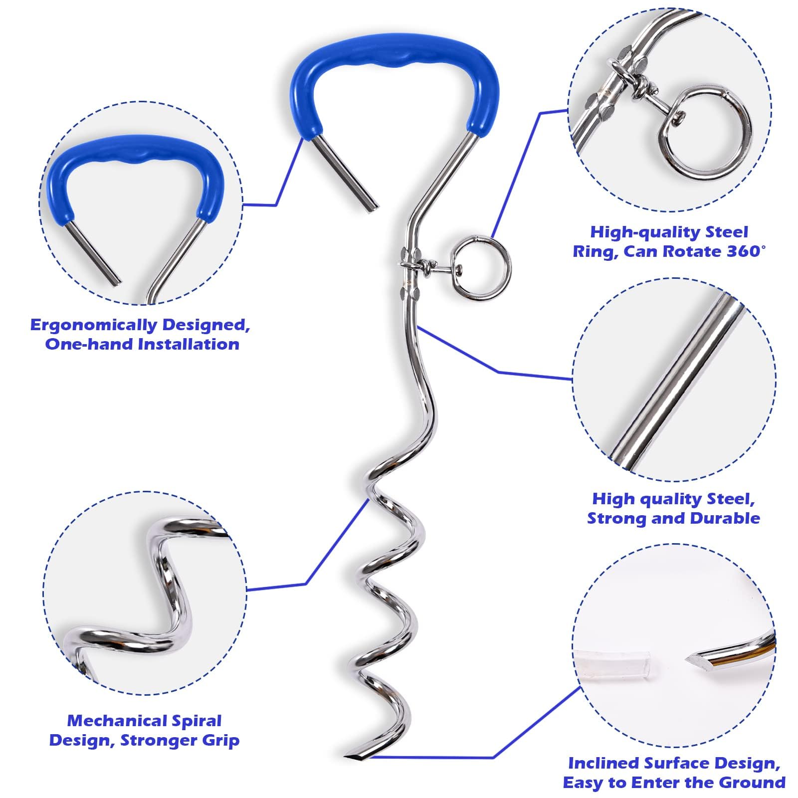 Ancrage en spirale bleu de 40 cm avec câble en acier de 5 mm x 3 m - Ancrage au sol à visser - Force de traction 80 kg - Pour chiots, animaux domestiques et chiens de taille moyenne - Accessoire pour