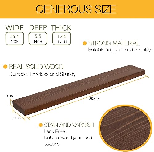 Miniatura 2 de Estantes flotantes de 36 pulgadas de largo (juego de 2) - Estantes de nogal - Estantes flotantes de pared - Estantes flotantes de madera largos -
