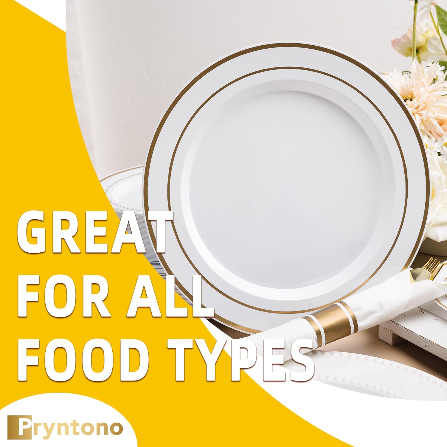 175 PCS White and Gold Plastic Dinnerware Set for 25 Guests, Disposable Party Plates for 25 Guests, Include: 50 Plastic Plates, 25 Pre Rolled Napkins with Gold Silverware, 25 Cups