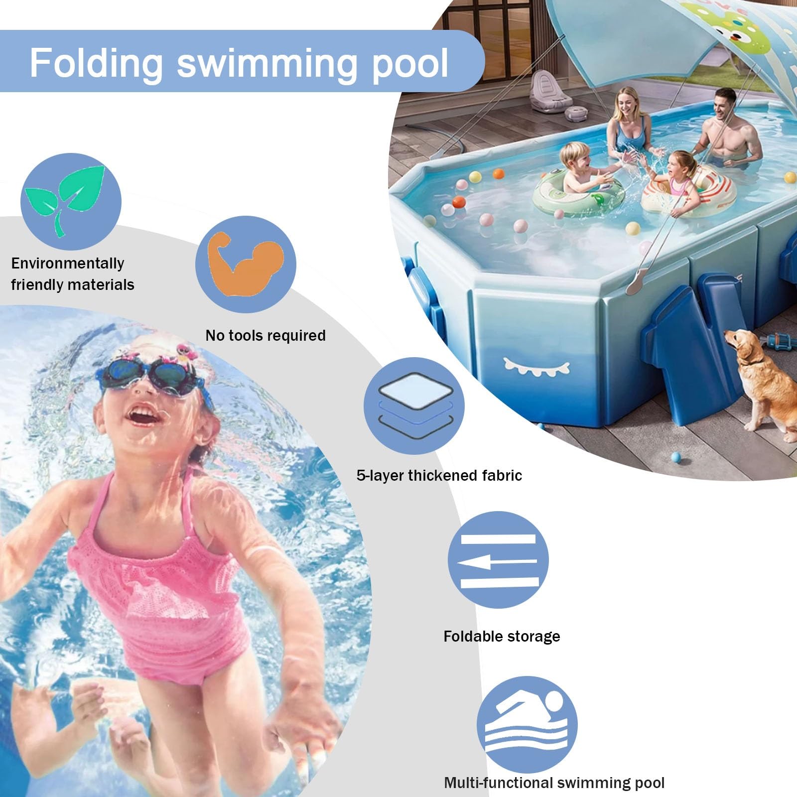 Piscina Pieghevole Piscina Rettangolare Portatile Da Giardino Per Esterni 188-293 Cm Pieghevole Per Cani Per Cani Ripiegabile Per Riporla Valvola Di Scarico Rapido(255 * 140 * 55cm)