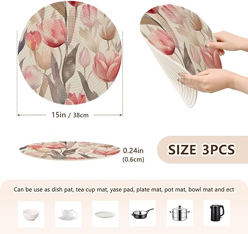 Miniatura 2 de 3 Pcs Round Trivet Pink Premium Gray Watercolor Tulip Floral for Hot Dishes 15in Cotton Thread Weave Heat Resistant Mat for Teapot Kitchen Aid