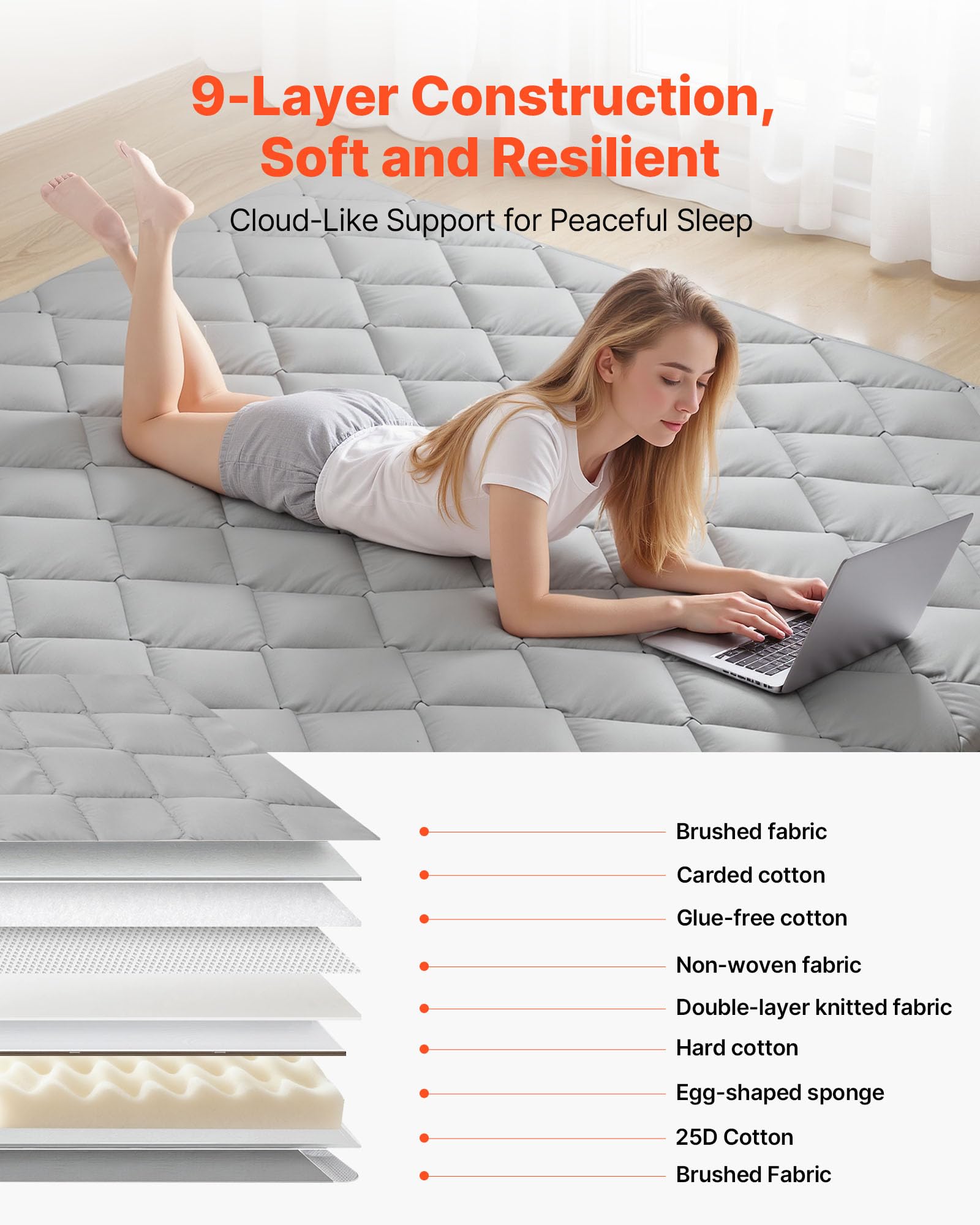 VEVOR Tappeto tatami giapponese materasso futon pieghevole con borsa portaoggetti e fissaggio, tappetino a 9 strati per dormire, dormitorio, meditazione, yoga