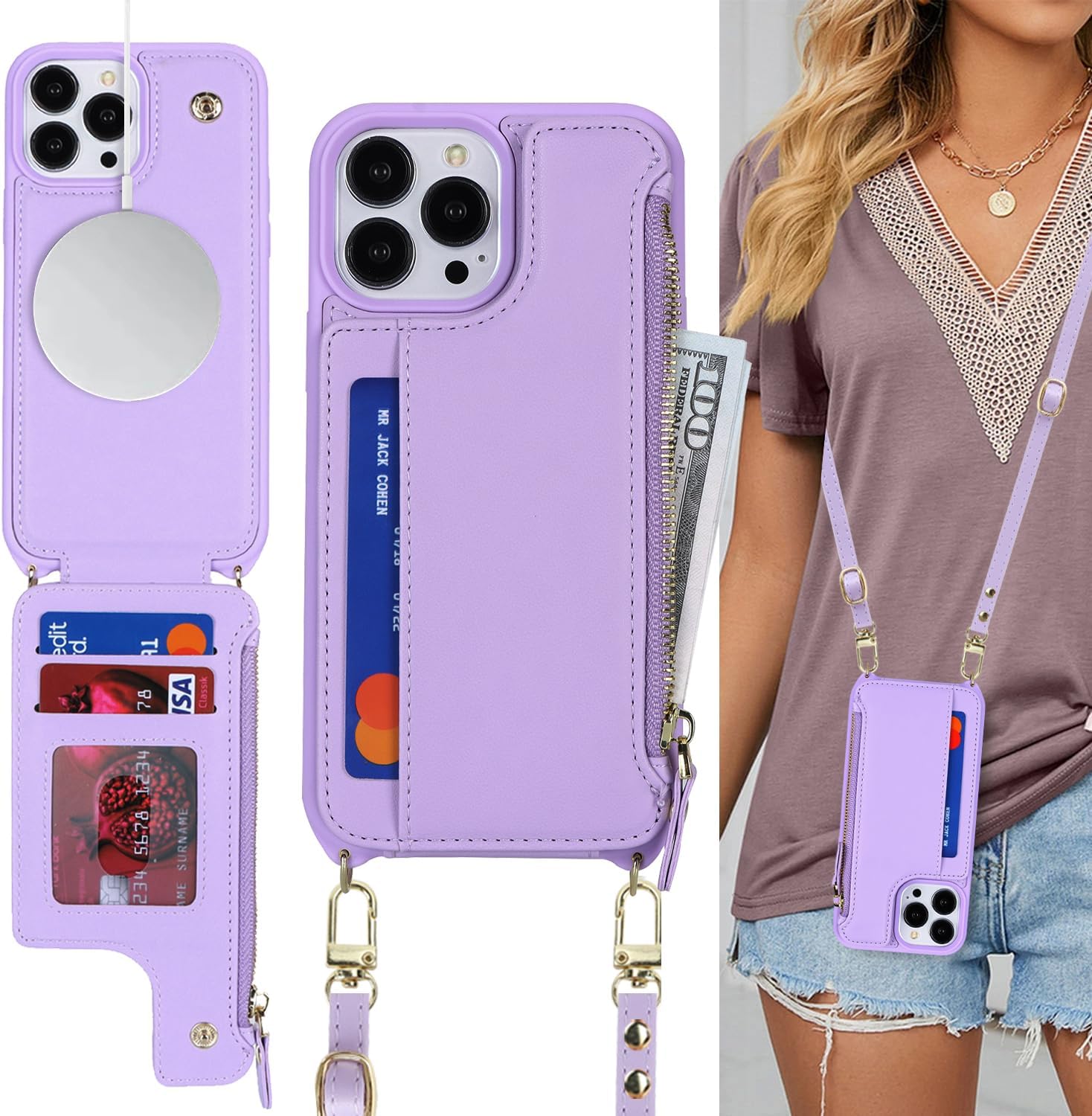 for iPhone 15 Pro case with Credit Card Holder Phone Lanyard mag safe for Women, fits iPhone 15 Pro Phone Leather Case with Zipper Wallet Compatible Wallet Case-Purple - Image 7