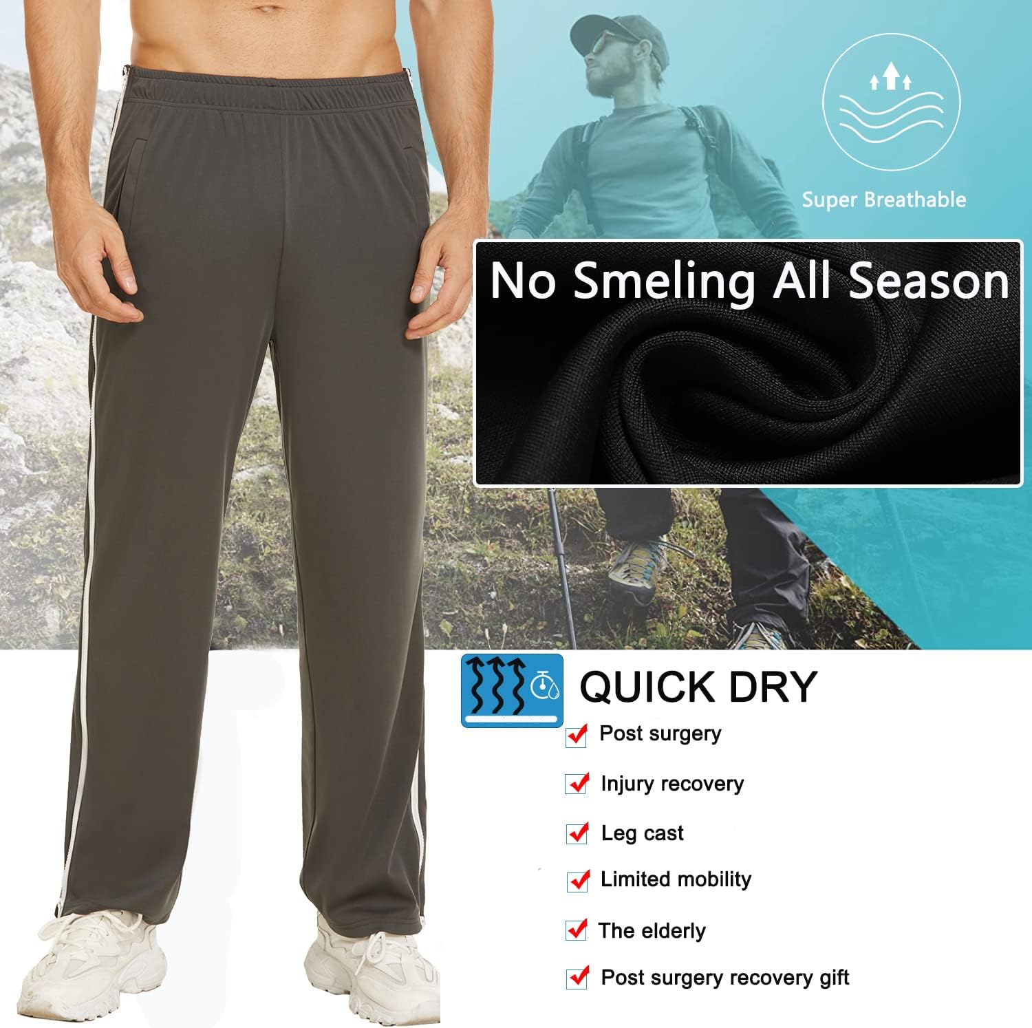 Deyeek Mens Tear Away Basketball Pants 2 Side Zippers Snap Off Full Open Down Sweatpants Leg Post Surgery Pant with Pockets - Image 3