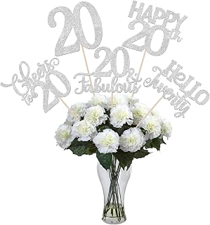 15 PCS 20th Birthday Centerpiece Sticks Hello Twenty Happy 20 Table Flower Centerpieces Sticks Cheers to 20 Fabulous Floral Decorations for 20th Birthday Party Table Centerpieces Supplies Silver