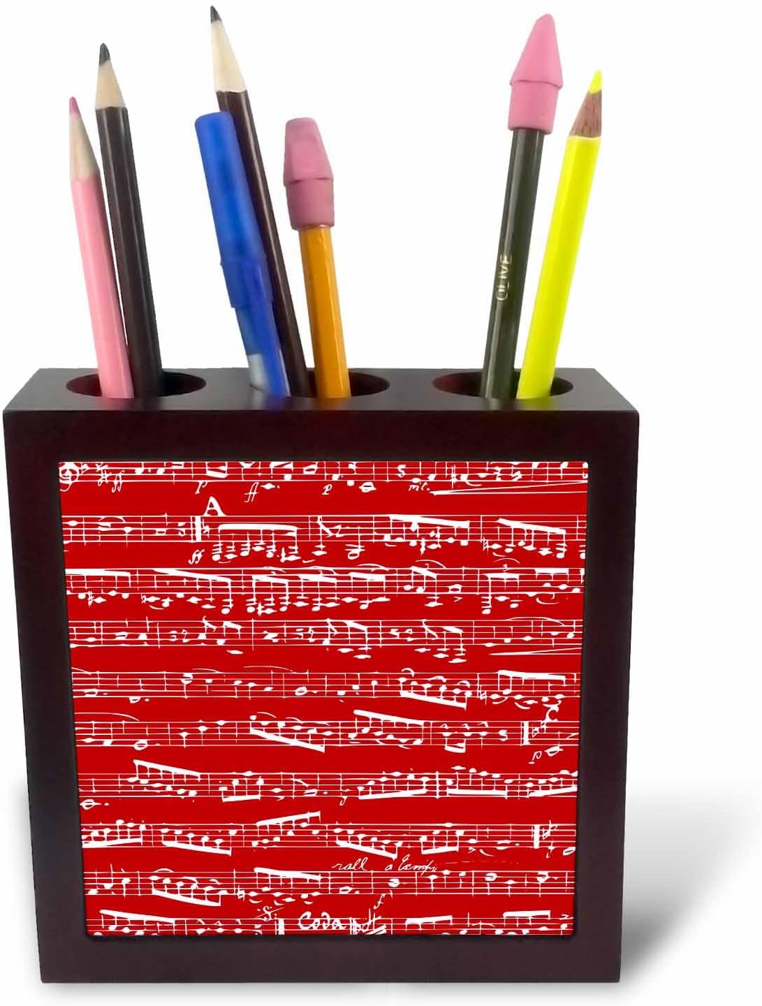 3dRose Red Musical notes - bold stylish sheet music - piano notation - modern contemporary musician gifts 5 inch tile pen holder