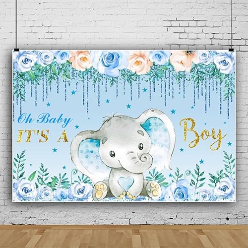 Miniatura 3 de Telón de fondo de elefante para baby shower, de 10 x 6.5 pies, con texto en inglés "It's A Boy", elefante azul, decoración de fiesta de baby shower,