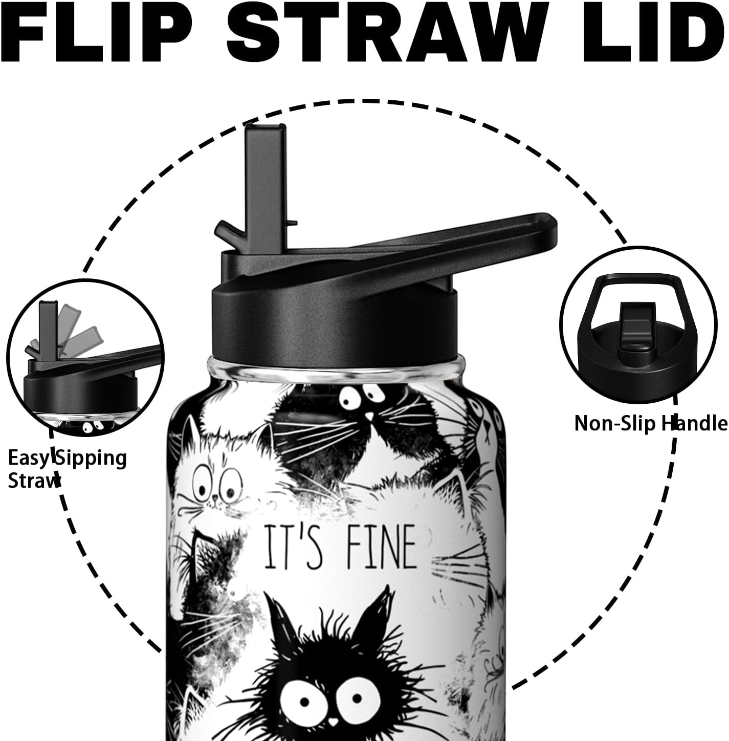 Cat Water Bottle 32oz Vacuum Insulated Funny Water Bottles Thermoses with Straw Lid Cat Gifts for Cat Lovers Owners Cat Stuff Things for Women Men Cute Stainless Steel Travel Tumbler Cup - Image 3