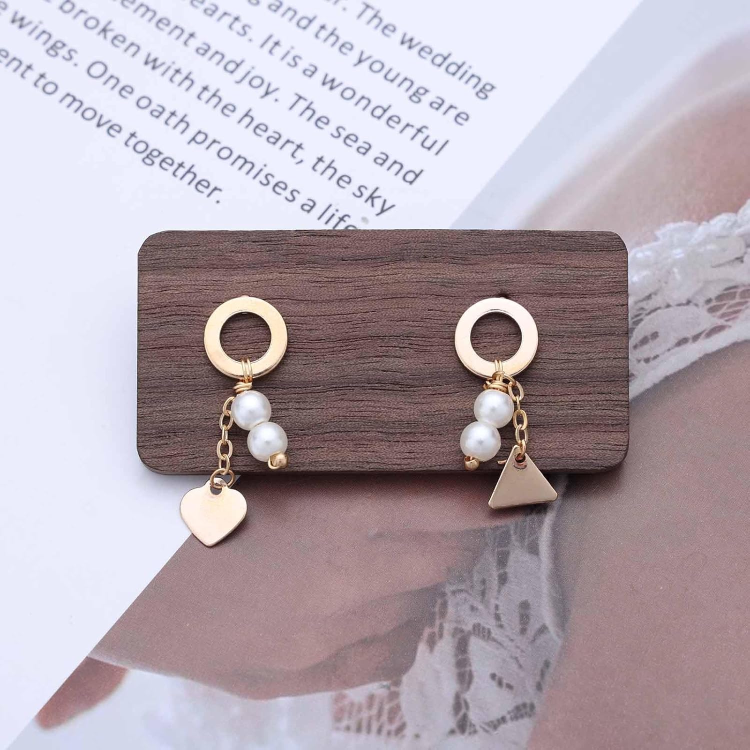 Boho Geometric Pearl Earrings Gold Heart Triangle Dangle Earrings Open Circle Stud Earrings Pearl Bead Drop Earrings Minimalist Gold Earrings Jewelry for Women - Image 6