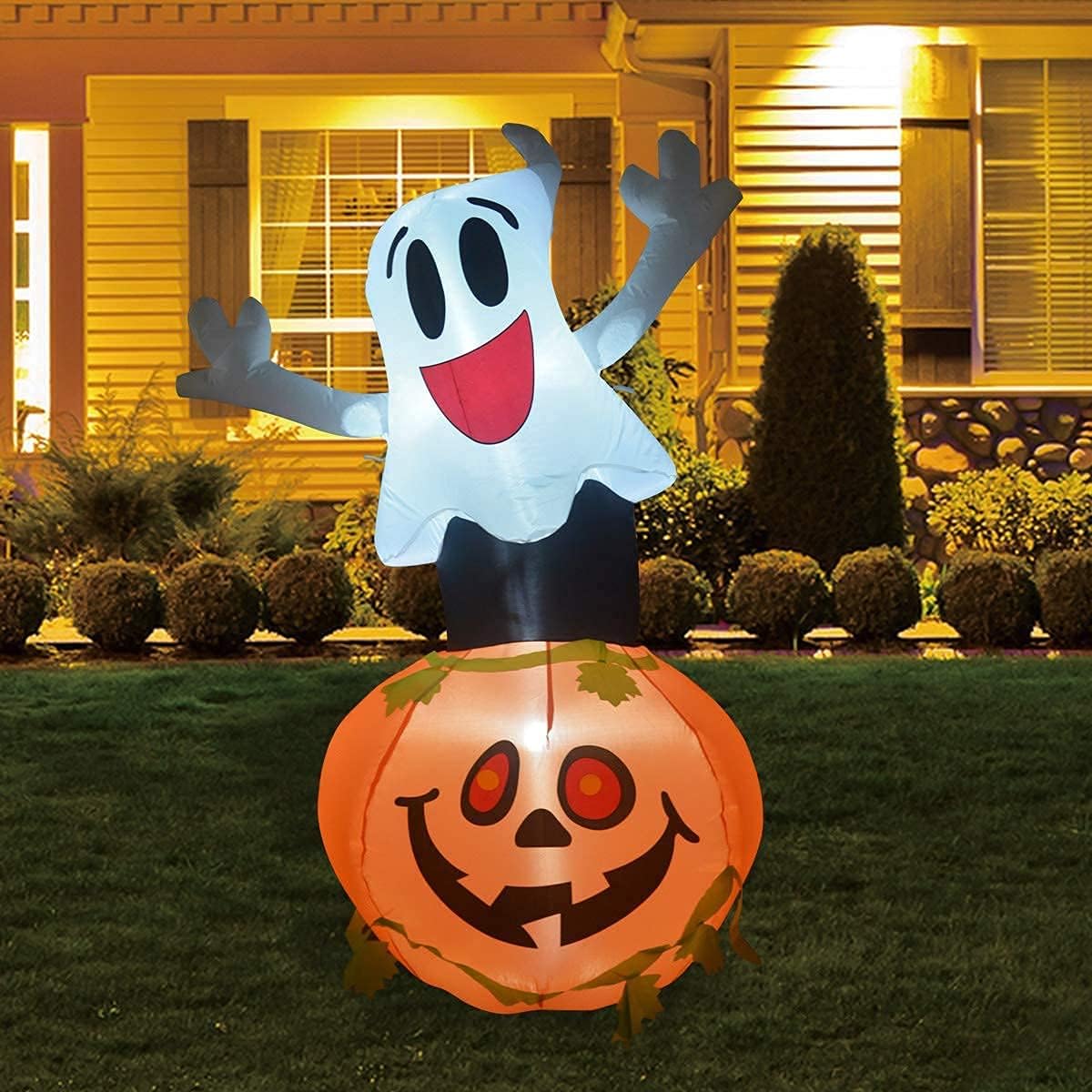 GOOSH 5 FT Tall Halloween Inflatable Cute Ghost Pumpkin with Witch Hat with Build-in LEDs Blow Up for Halloween Party Decorations Halloween Indoor Outdoor