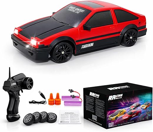 Remote Control Car RC Drift 2.4GHz 1:24 Scale 4WD 15KM/H High Speed Model Vehicle with LED Lights Drifting Tire Racing Sport Toy for Adults Boys Girls Kids Gift 2Pcs Rechargeable Batteries