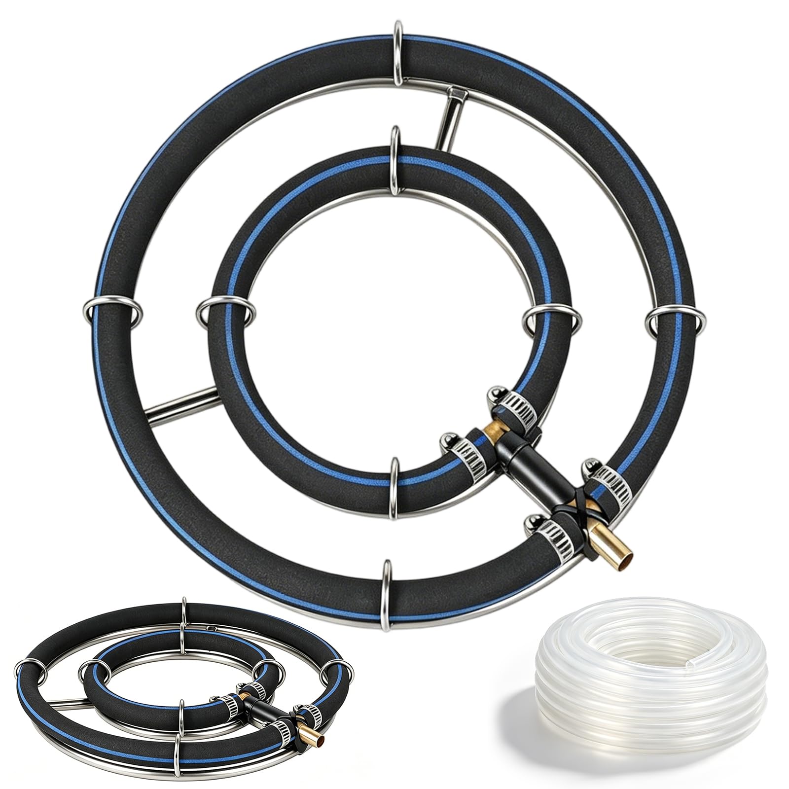 Teich Belüfterring Ø 25cm Edelstahl 304 rostfrei, Teichbelüfter mit 5m Schlauch, Belüftungsring für Gartenteich, Koiteich und Aquarium, Sauerstoffring Belüftungsset Komplettset für Fischteiche