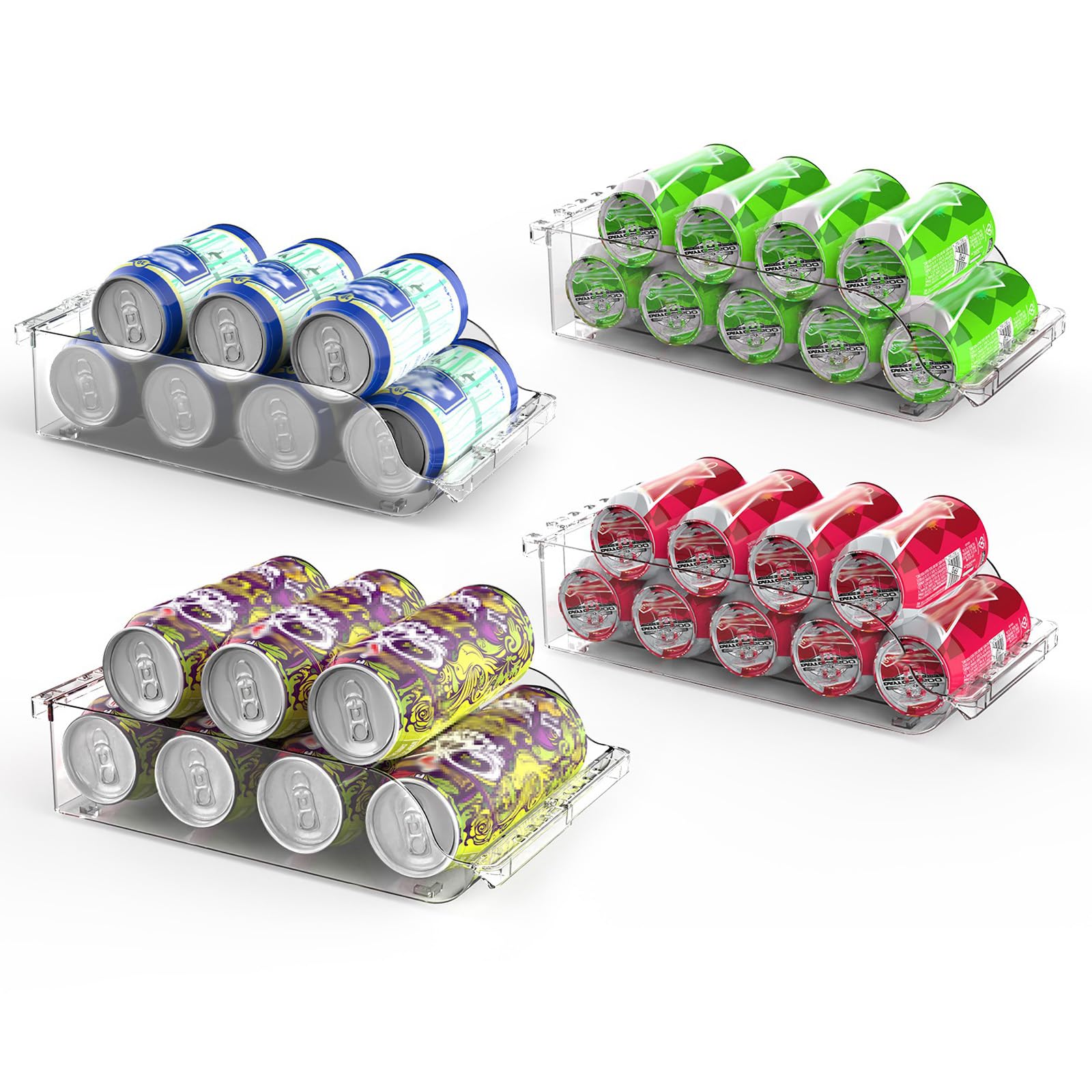 Zorpupoa Soda Can Organizer for Refrigerator, Set of 4 Stackable Drink Organizer for Fridge, Freezer, Kitchen, Countertop, Soda Can Dispenser Beverage Holder, Clear Design