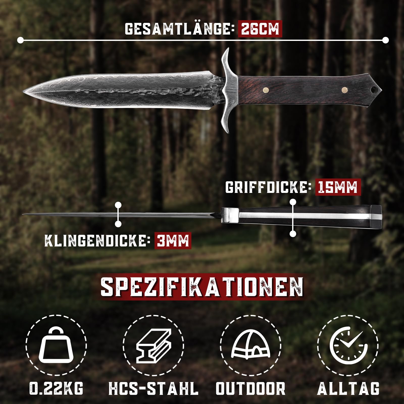 SMITH CHU Outdoor Messer Survival - Multifunktions Survival Messer Outdoor, Bushcraft Camping Messer mit Holzgriff, Die Ideales Geschenke für Männer
