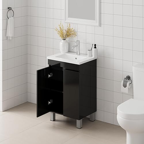 wonline Tocador de baño de 20 pulgadas con fregadero de resina, diseño moderno MDF gabinete de baño combinado con fregadero de recipiente blanco y