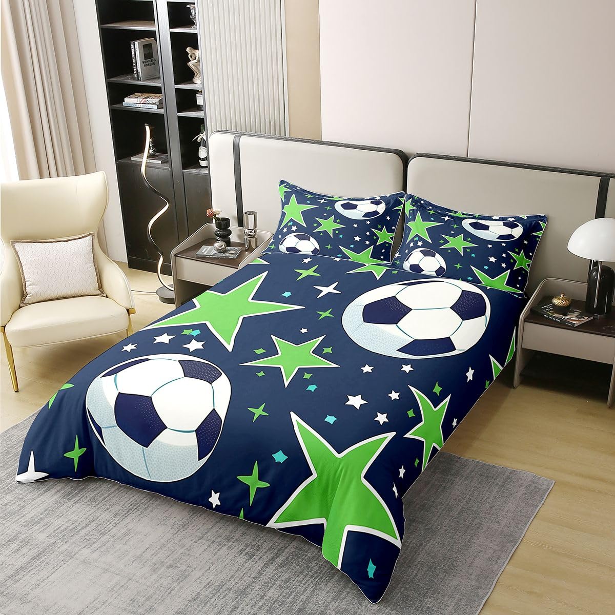 Homewish Piłka nożna chłopcy pościel podwójne łóżko zestaw piłka nożna gry bawełna poszewka na kołdrę piłka sportowa poszewka na kołdrę dla dzieci chłopców nastolatków dorosłych zielona gwiazda