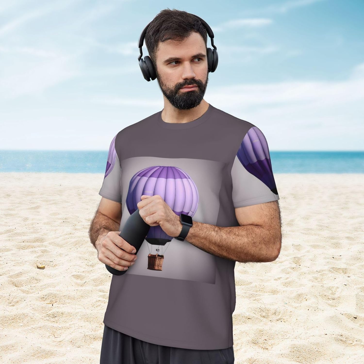 Lavender Hot Air Balloon Print Mens Short Sleeve Mesh T-Shirt Breathable Athletic Gym Running Casual Sports Wear
