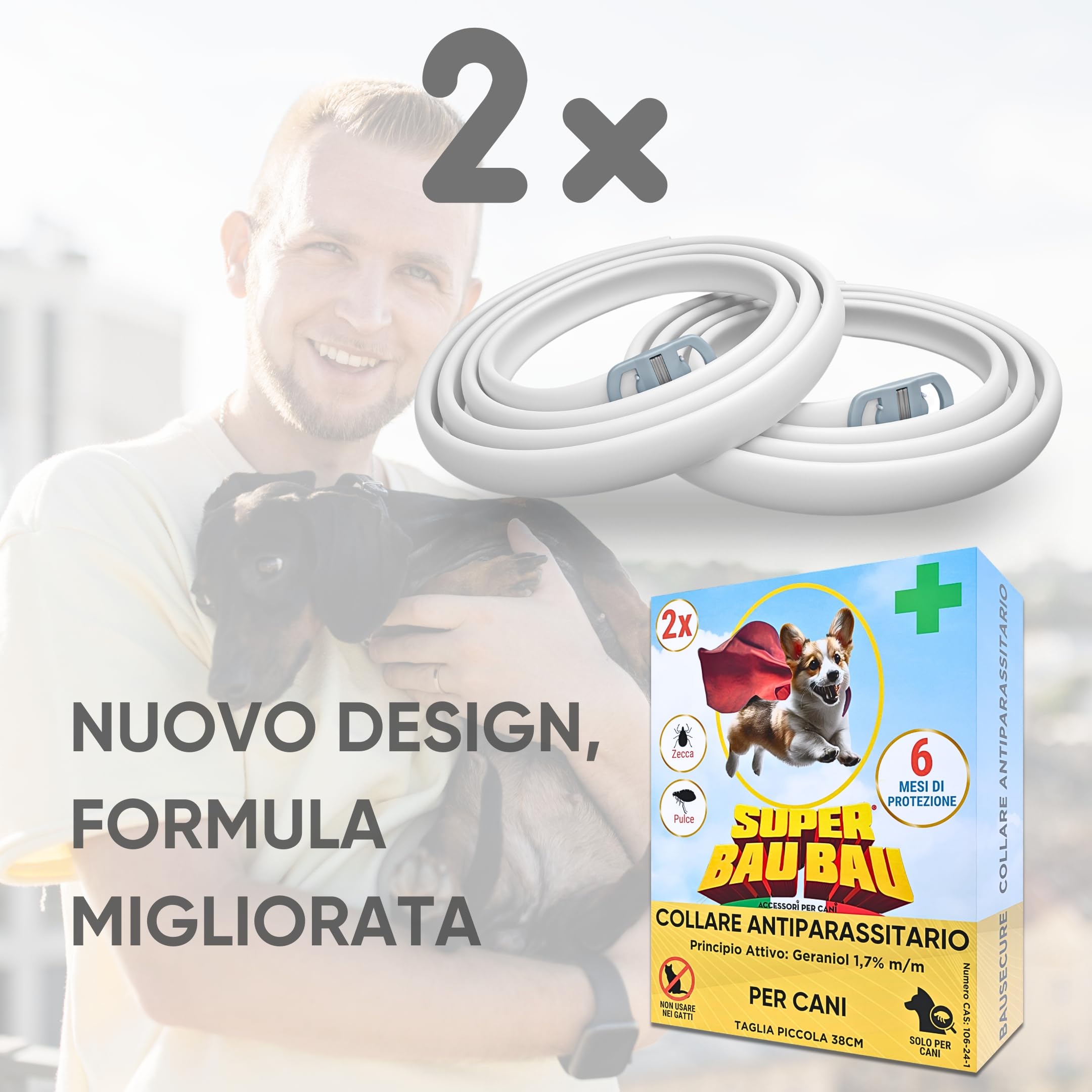 Collare Antiparassitario per Cani - Super Bau Bau, Confezione da 2, Antipulci, Antizecche, Anti Zanzare, Impermeabile, Efficace per 12 Mesi, 38cm per Cani fino a 8kg