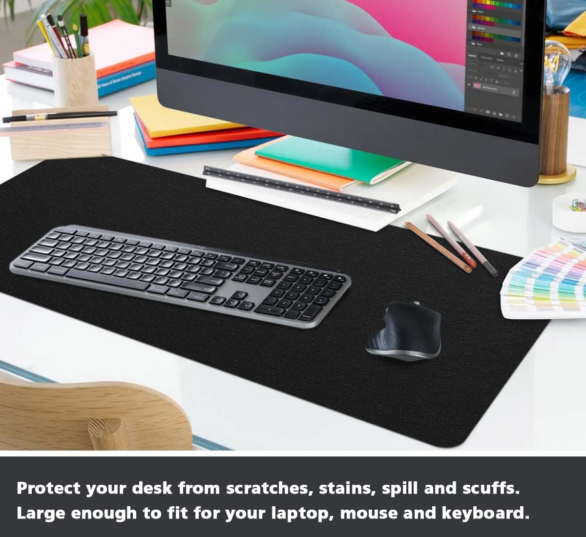 Desk Protector - Non-Slip PVC Leather Office Mat for Desktop - Waterproof Writing Pad (Black, 14" x 30") - Image 3