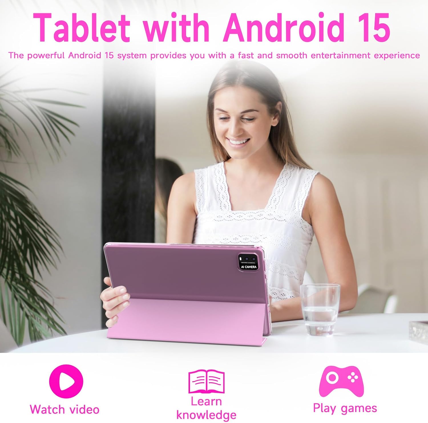 Android table 10 Inch ablet With Tablets protective Case and Stylus Pen android 15 Tablets 5G WiFi-6 1280*800 full HD IPS display 6000mah 64GB ROM+12GB RAM (4+8 Virtual) 1024GB Expansion (Pink)