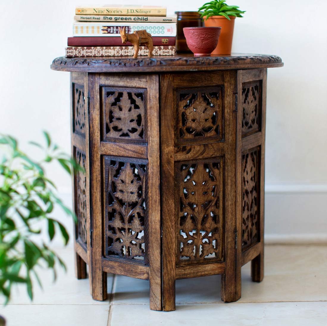Best Review Cotton Craft Jaipur Solid Wood Hand Carved Accent Coffee Table - 18 Inch Round Top x 18 Inch High - Antique Brown