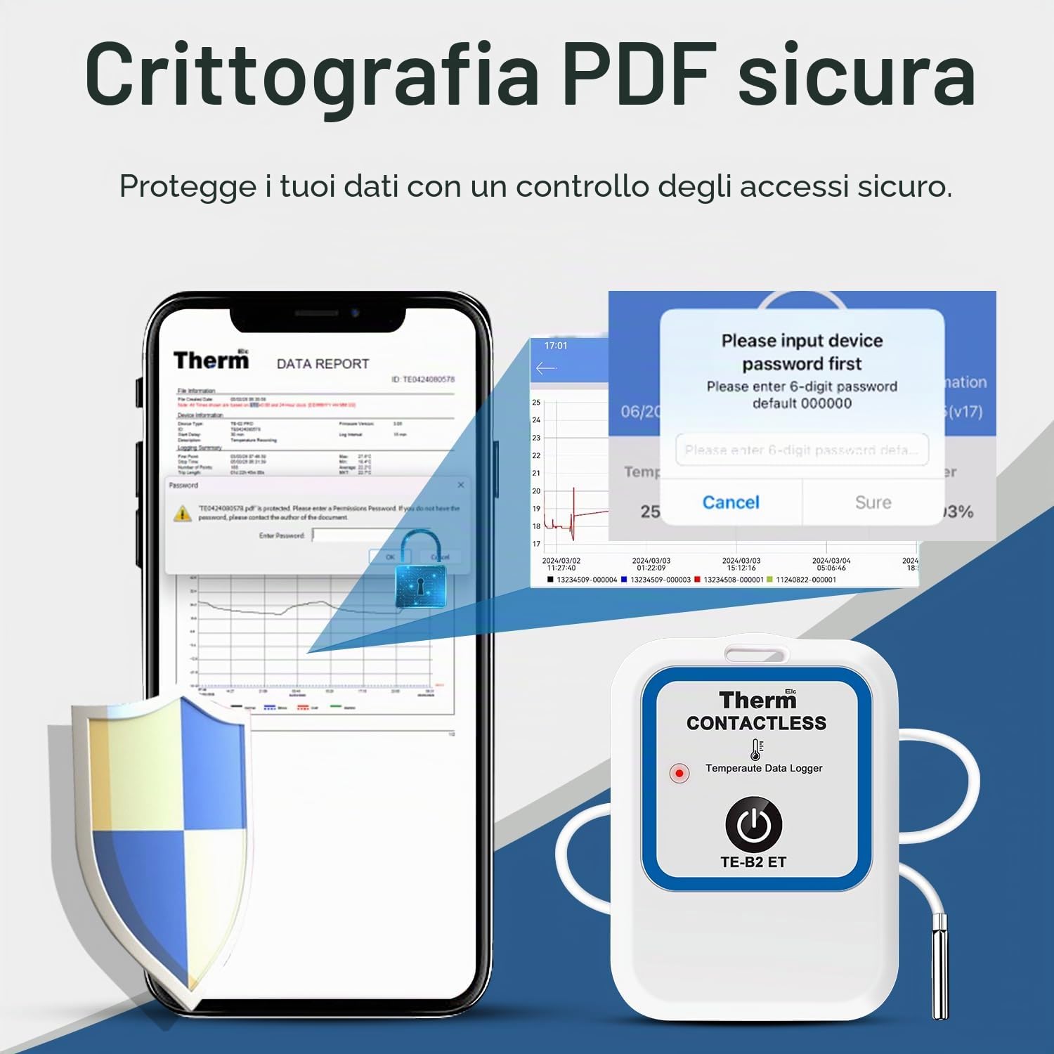 ThermElc TE-B2 ET Registratore di dati di temperatura Bluetooth con sonda esterna, conforme alla norma EN12830, report PDF/CSV, calcolo MKT, registratore di studi clinici wireless riutilizzabile