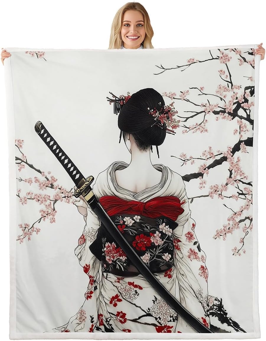jejeloiu Boys Girls Japan Style Fleece Throw Blanket Japanese Geisha Sherpa Blanket Cherry Blossoms Plush Blanket for Bed Sofa Couch Kids Teens Bedroom Decor Throw 50"x60"