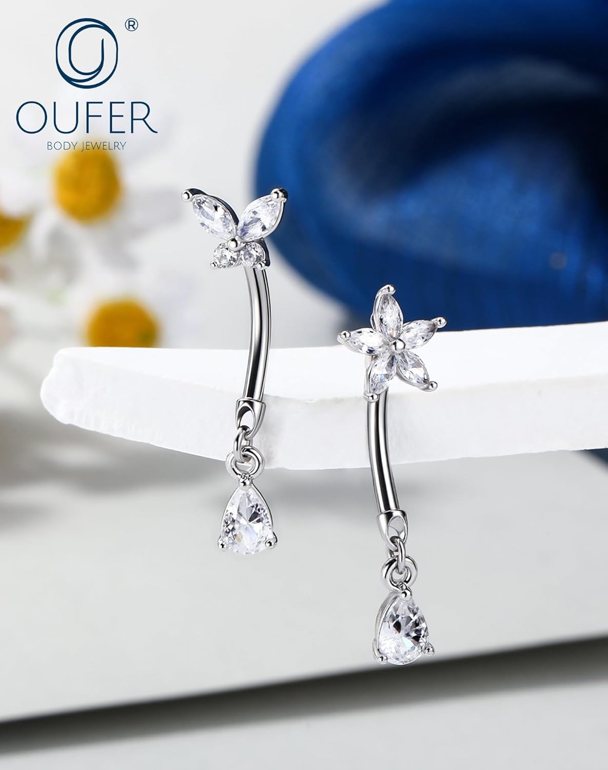 OUFER Hypoallergenic Surgical Steel Belly Button Rings, 14g Internally Threaded Dangle Belly Rings for Women, Flower Butterfly Navel Piercing Jewelry Curved Navel Ring - Image 8