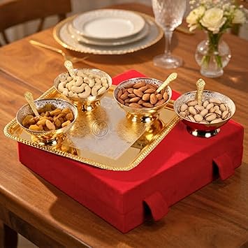 DSH Silver and Gold Plated Bowl Set for Gifting with Velvet Box (4 Bowl: 4 Spoon: 1 Tray) Set of 9