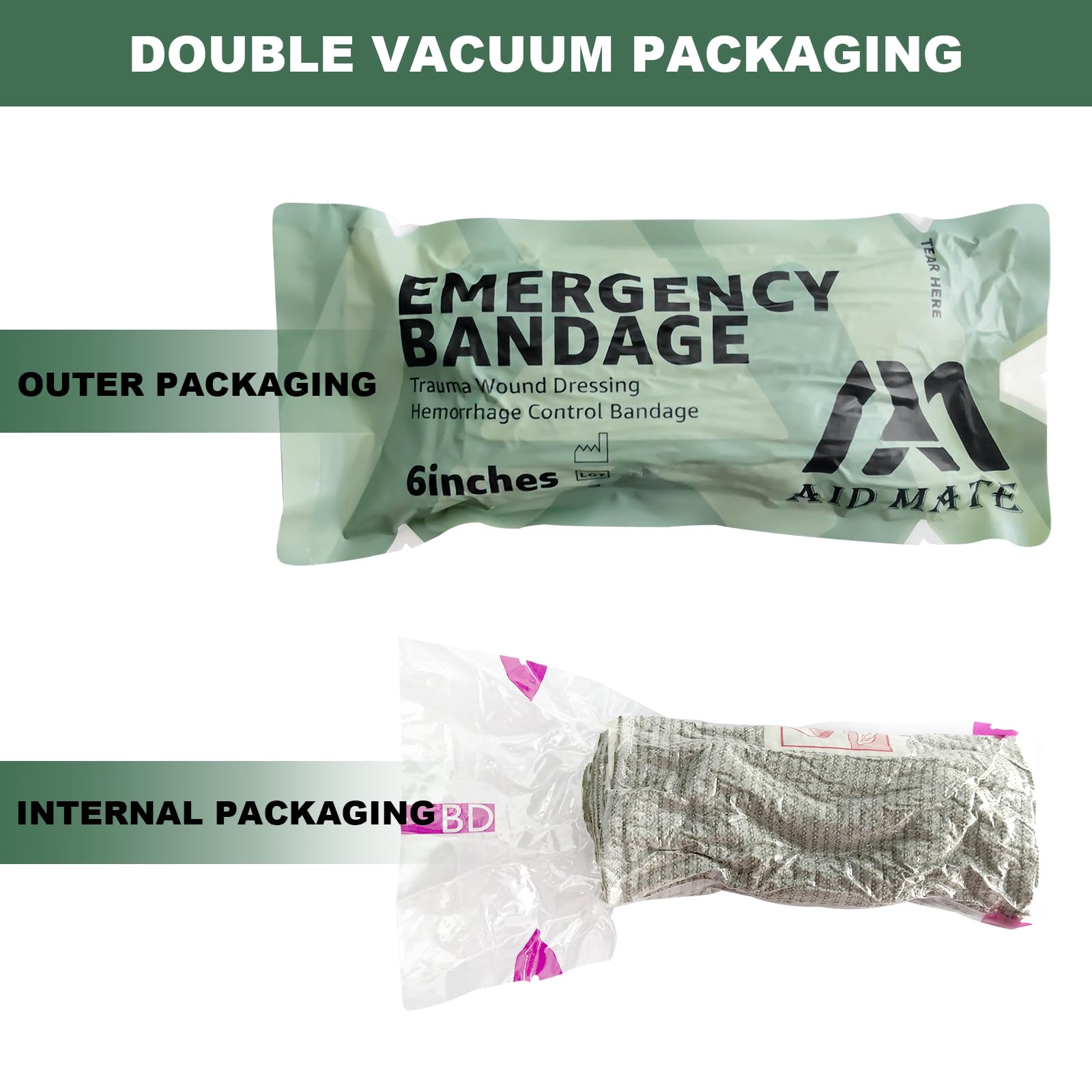 Vendaje de emergencia estilo israelí de 6 pulgadas, vendaje de compresión para heridas de trauma, sellado al vacío estéril médico, kit de primeros auxilios táctico de combate IFAK, 2 unidades