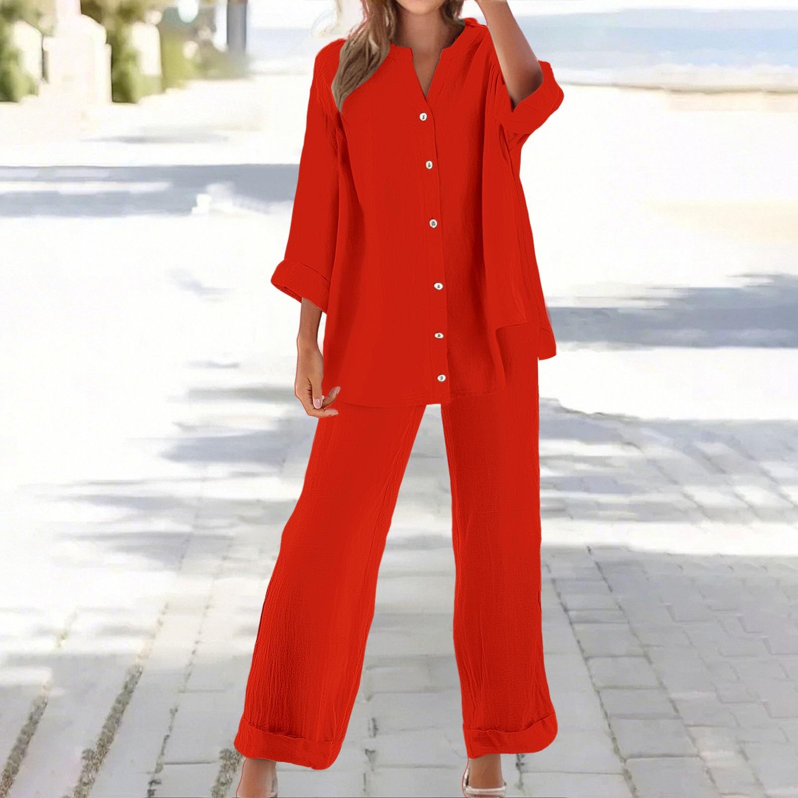 riou Conjunto Mujer Verano 2 Piezas Botones Algodon y Lino Traje de Primavera Ligero Chándal Blusa Manga Larga Pantalones Ropa de Playa Vacaciones Deportivo Casa Trabajo Loungewear