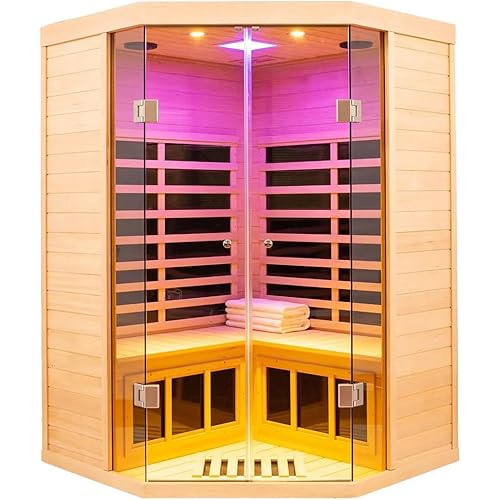 Smart APP Control 2-3 Person Ultra Low EMF (0-5mG) Far Infrared Sauna for Home, 1520W Hemlock Wood Sauna Room with Bluetooth Speaker & Chromotherapy Lights, LCD Touch Panel, Constant Temperature Cover