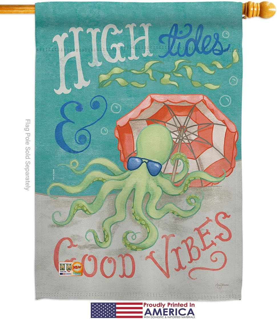 Octopus Good Vibes House Flag Dowel Set Animals Sea Creature Nautical Ocean Fish Outdoor Summer Marine Small Decorative Gift Yard Banner Made In USA 28 X 40